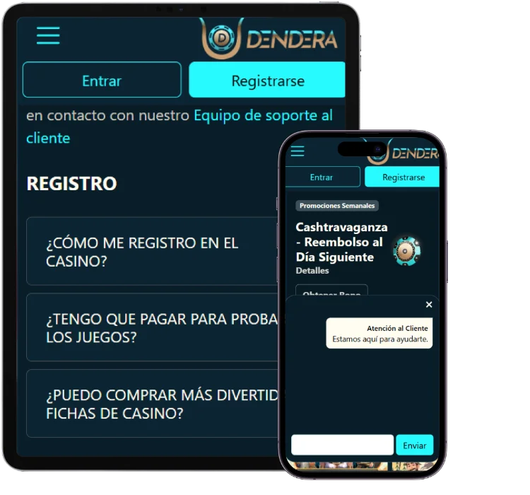 Dendera Casino página de soporte con preguntas frecuentes y chat de atención al cliente