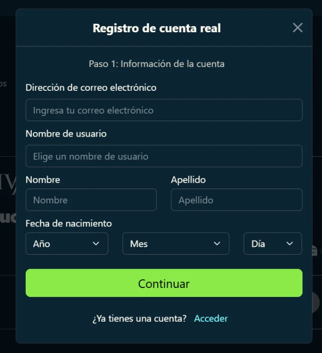 Vegasino Casino formulario de registro de cuenta con datos personales
